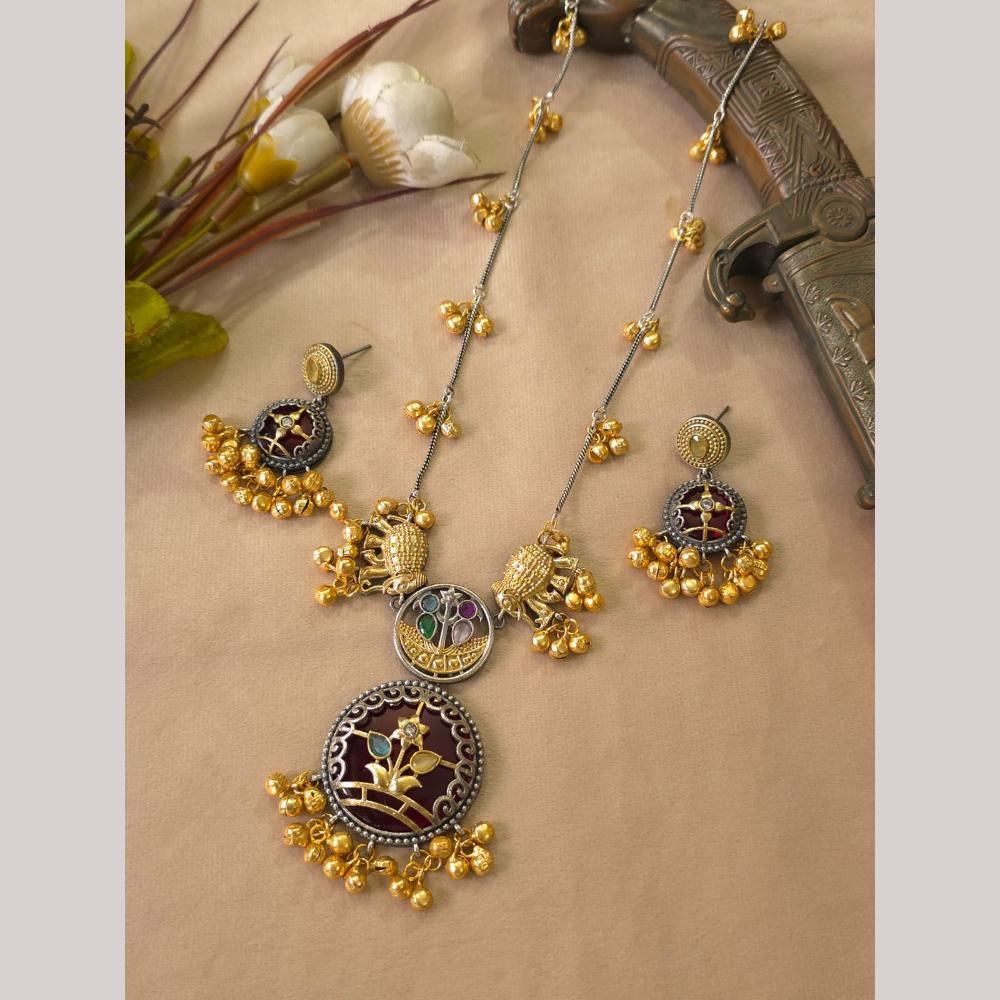 FS Collection Ethnic 2 Tone Plated Pota Stone And Ghungroo Long Necklace Set