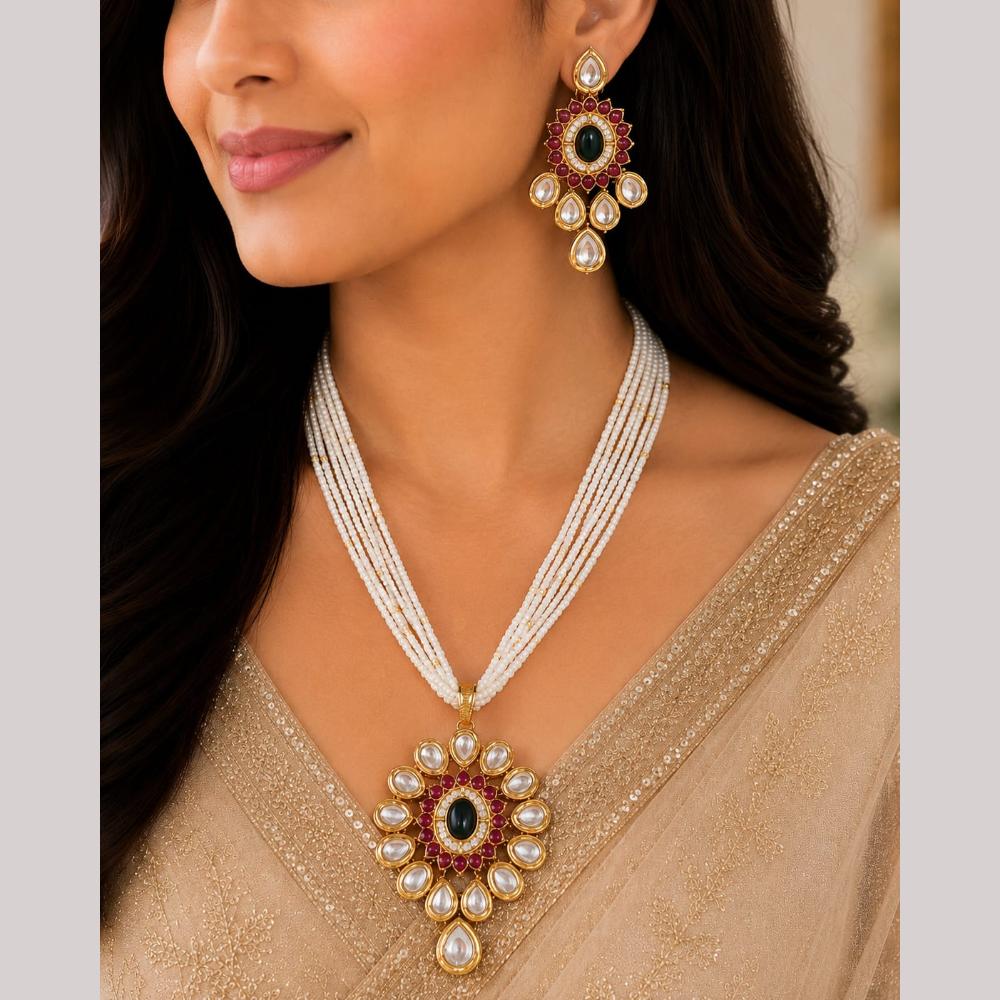 FS Collection Ethnic Gold Plated Kundan Stone And Pearl Chain Pendant Set