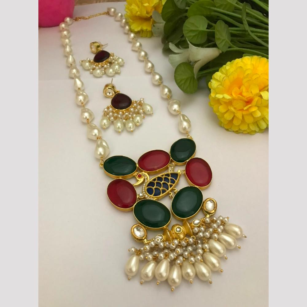 FS Collection Pota Stone And Mother Of Pearls Long Necklace Set