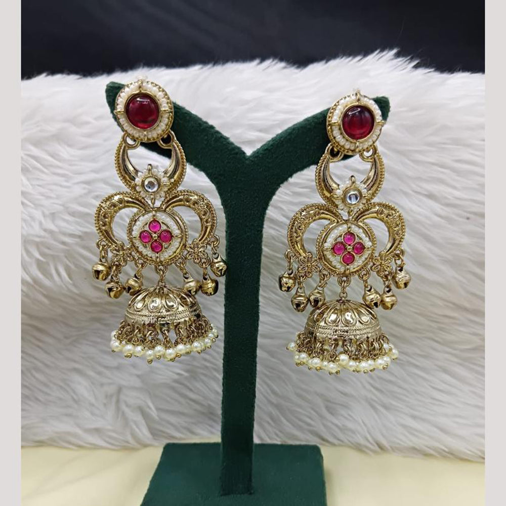 FS Collection Antique Style Pota Stone And Pearl Ghungroo Kashmiri Jhumki Earrings