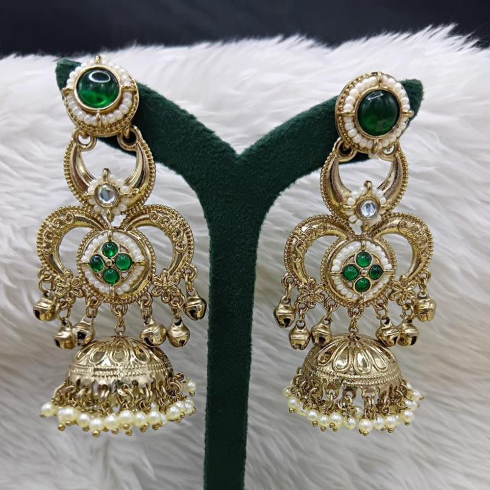 FS Collection Antique Style Pota Stone And Pearl Ghungroo Kashmiri Jhumki Earrings