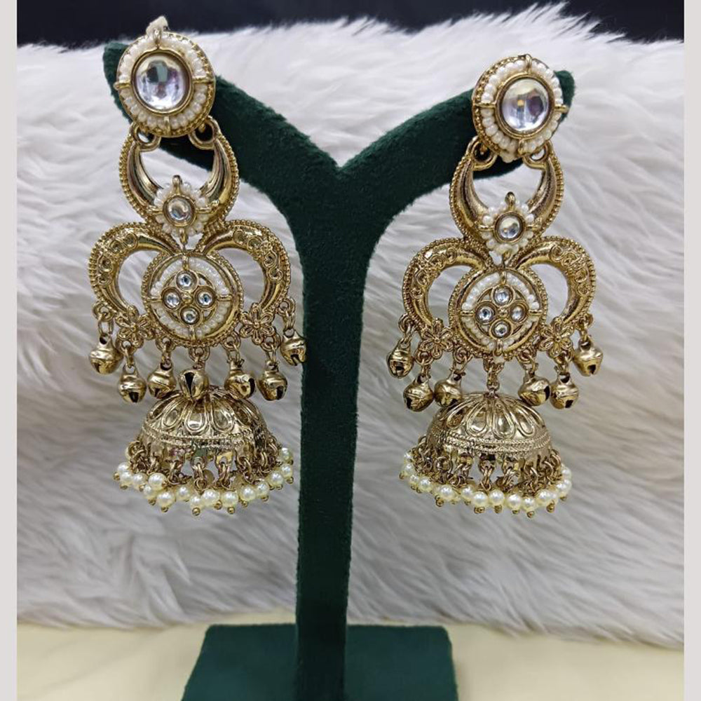 FS Collection Antique Style Pota Stone And Pearl Ghungroo Kashmiri Jhumki Earrings