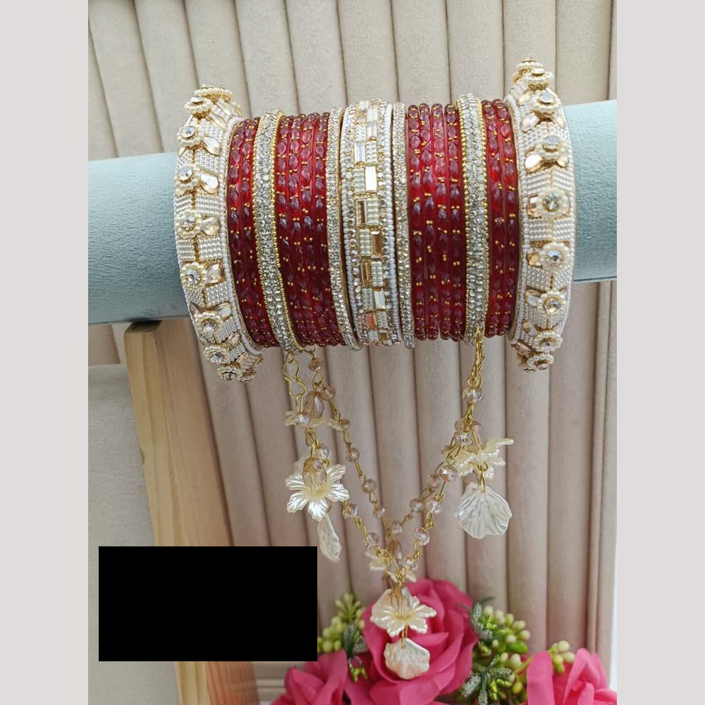 FS Collection Royal Bridal Raindrop Glass Bangles Set with Pearl Latkan