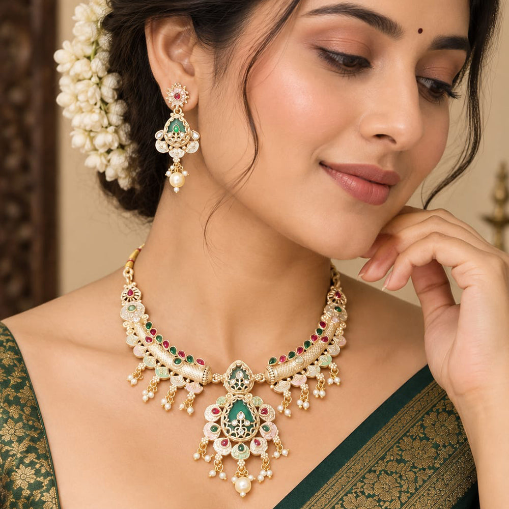 FS Collection Elegant Pota Stone Pearl And Beads Meenakari Necklace Set