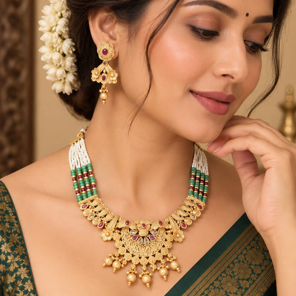 FS Collection Elegant Pota Stone Pearl And Beads Necklace Set