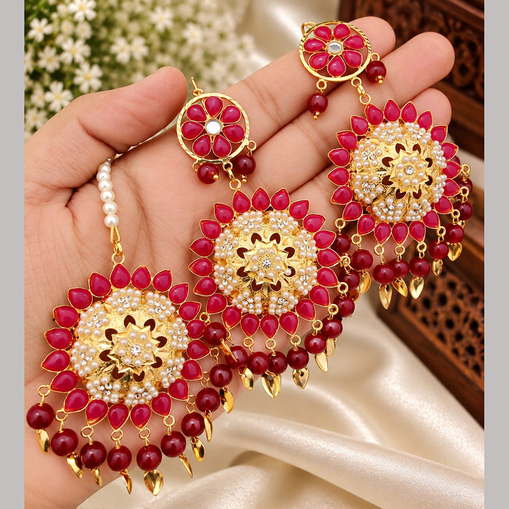 FS Collection Kundan Stone And Beads Dangler Earrings With Maangtikka