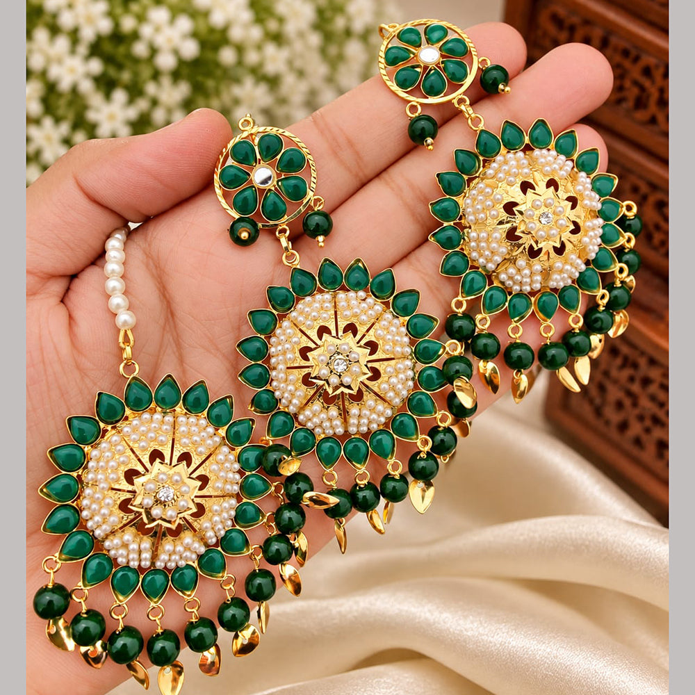 FS Collection Kundan Stone And Beads Dangler Earrings With Maangtikka