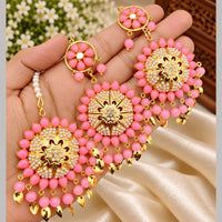 FS Collection Kundan Stone And Beads Dangler Earrings With Maangtikka