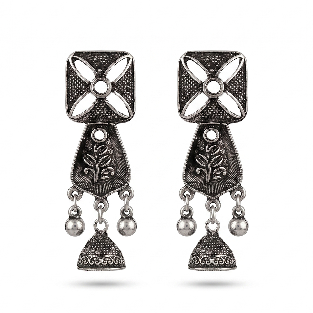Urthn Antique Oxidised Silver Stone Jhumka Earrings(Pack of 6)