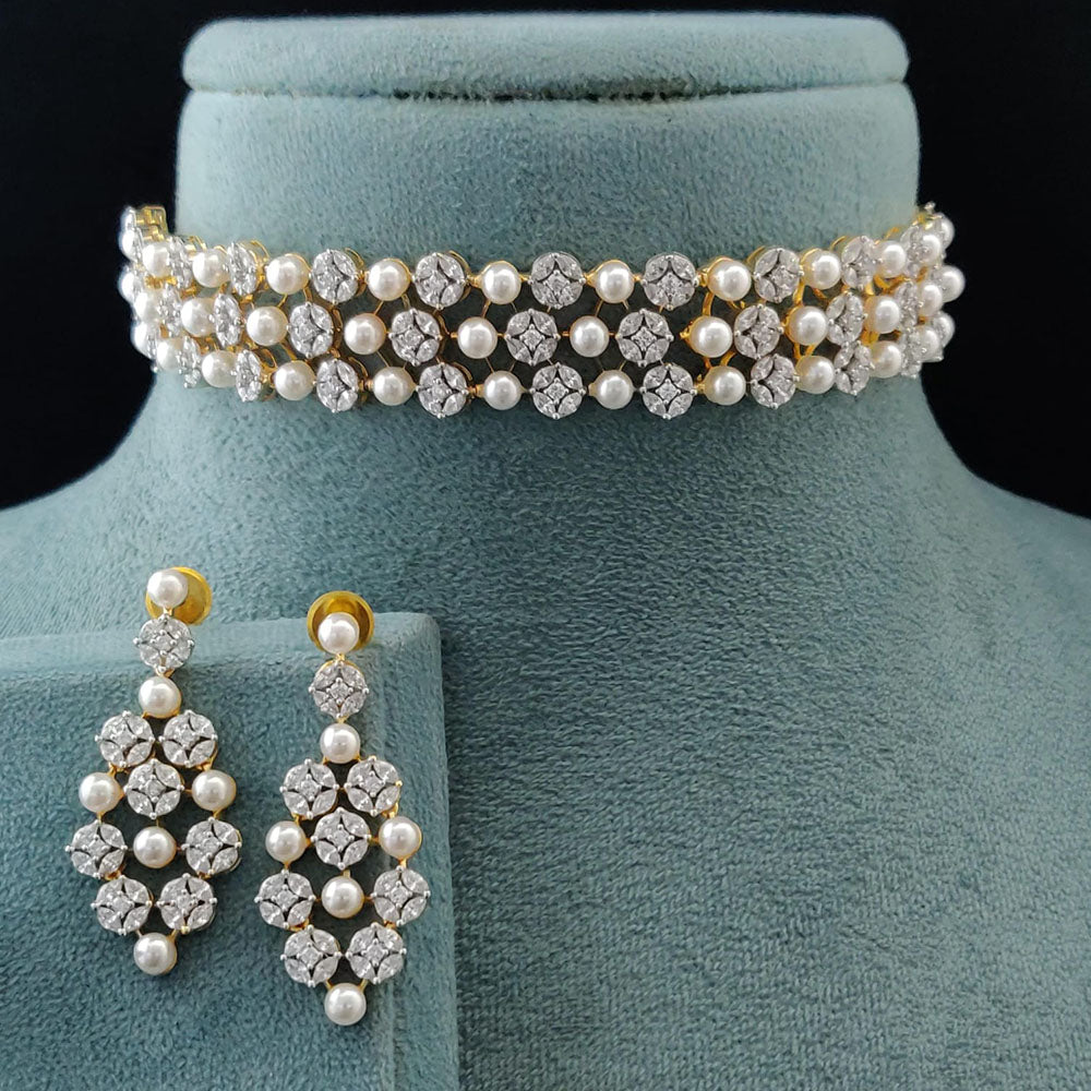 Vivah Creations Luxury Look American Diamond Pearl Choker Set for Girls