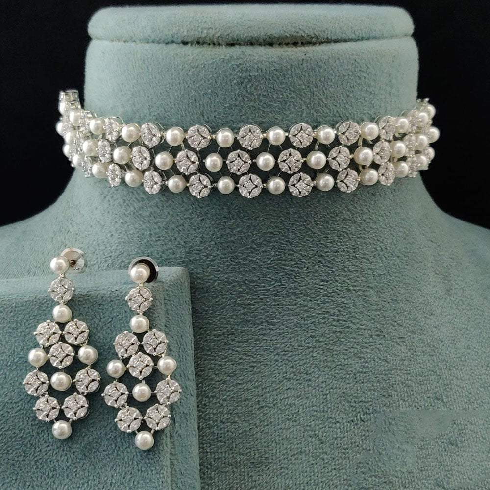 Vivah Creations Luxury Look American Diamond Pearl Choker Set for Girls