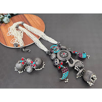 Akruti Collection Oxidised Plated Pota Stone Long Necklace Set