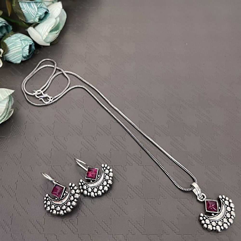 Akruti Collection Oxidised Plated Pota Stone Chain Pendant Set