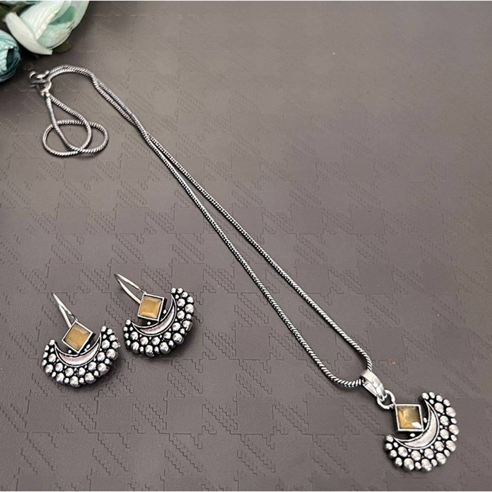 Akruti Collection Oxidised Plated Pota Stone Chain Pendant Set