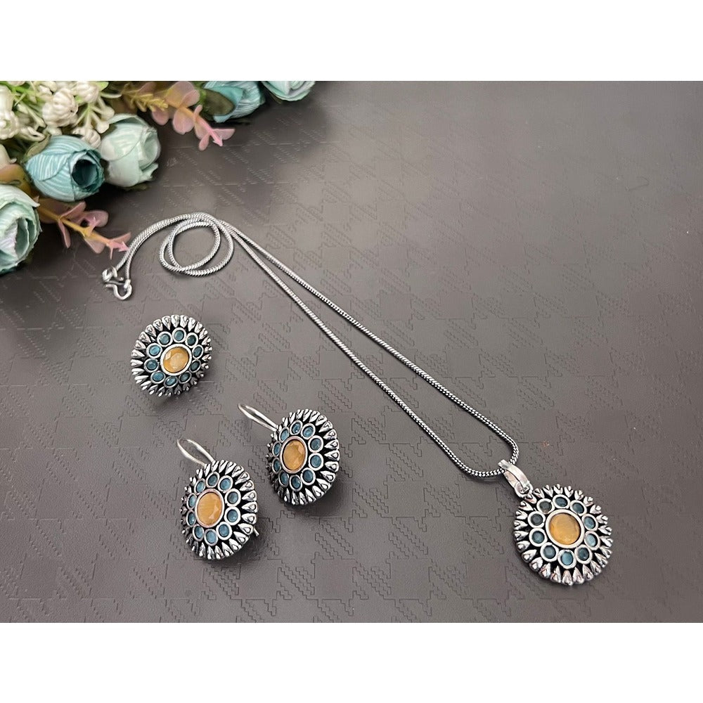 Akruti Collection Oxidised Plated Pota Stone Chain Pendant Set