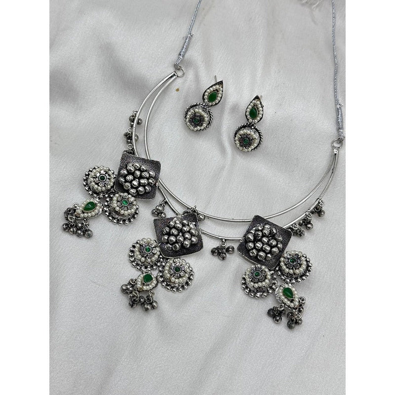 Akruti Collection Oxidised Plated Pota Stone Necklace Set