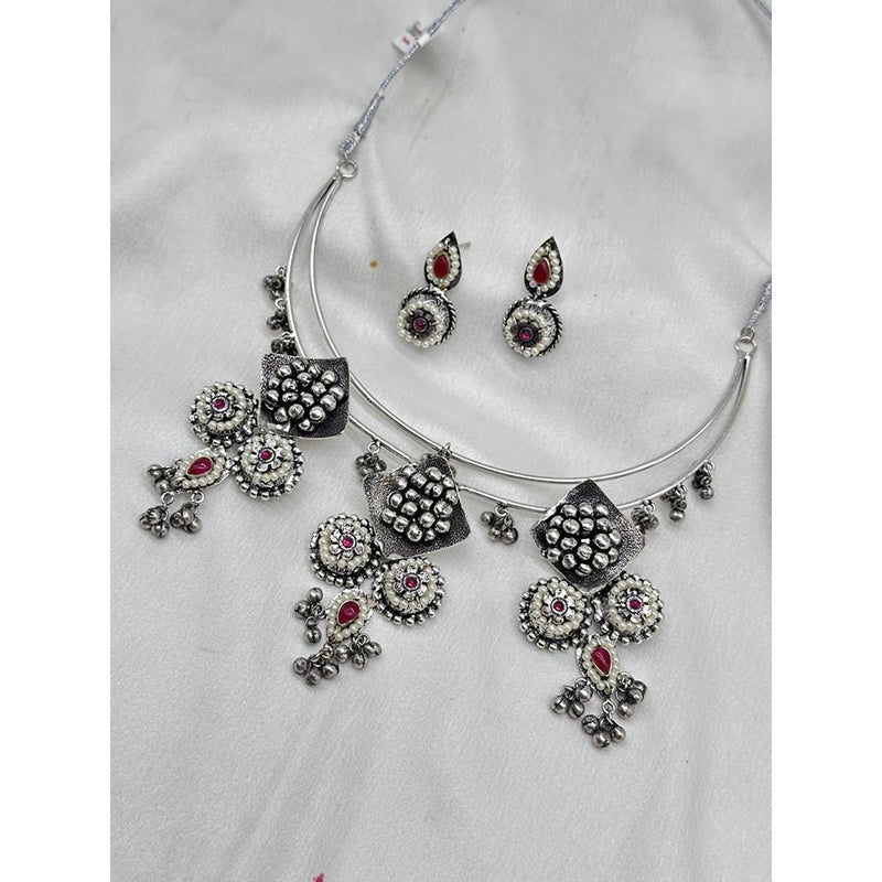 Akruti Collection Oxidised Plated Pota Stone Necklace Set