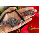 Akruti Collection Oxidised Plated Pota Stone Temple Choker Necklace Set