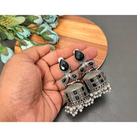 Akruti Collection Oxidised Plated Pota Stone Jhumki Earrings
