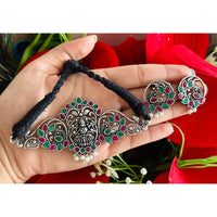 Akruti Collection Oxidised Plated Pota Stone Temple Choker Necklace Set