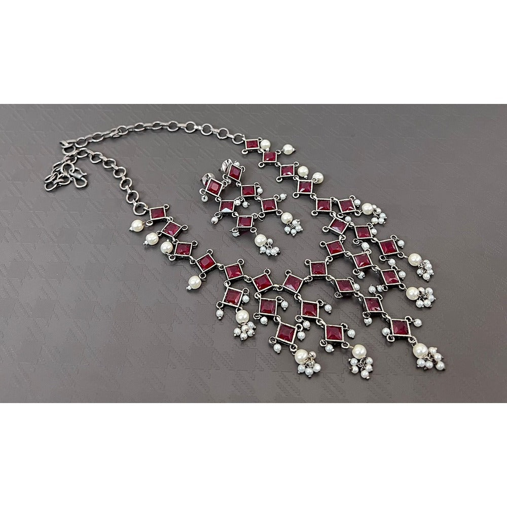 Akruti Collection Oxidised Plated Pota Stone And Pearls Necklace Set