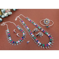 Akruti Collection Oxidised Plated Pota Stone Combo Set