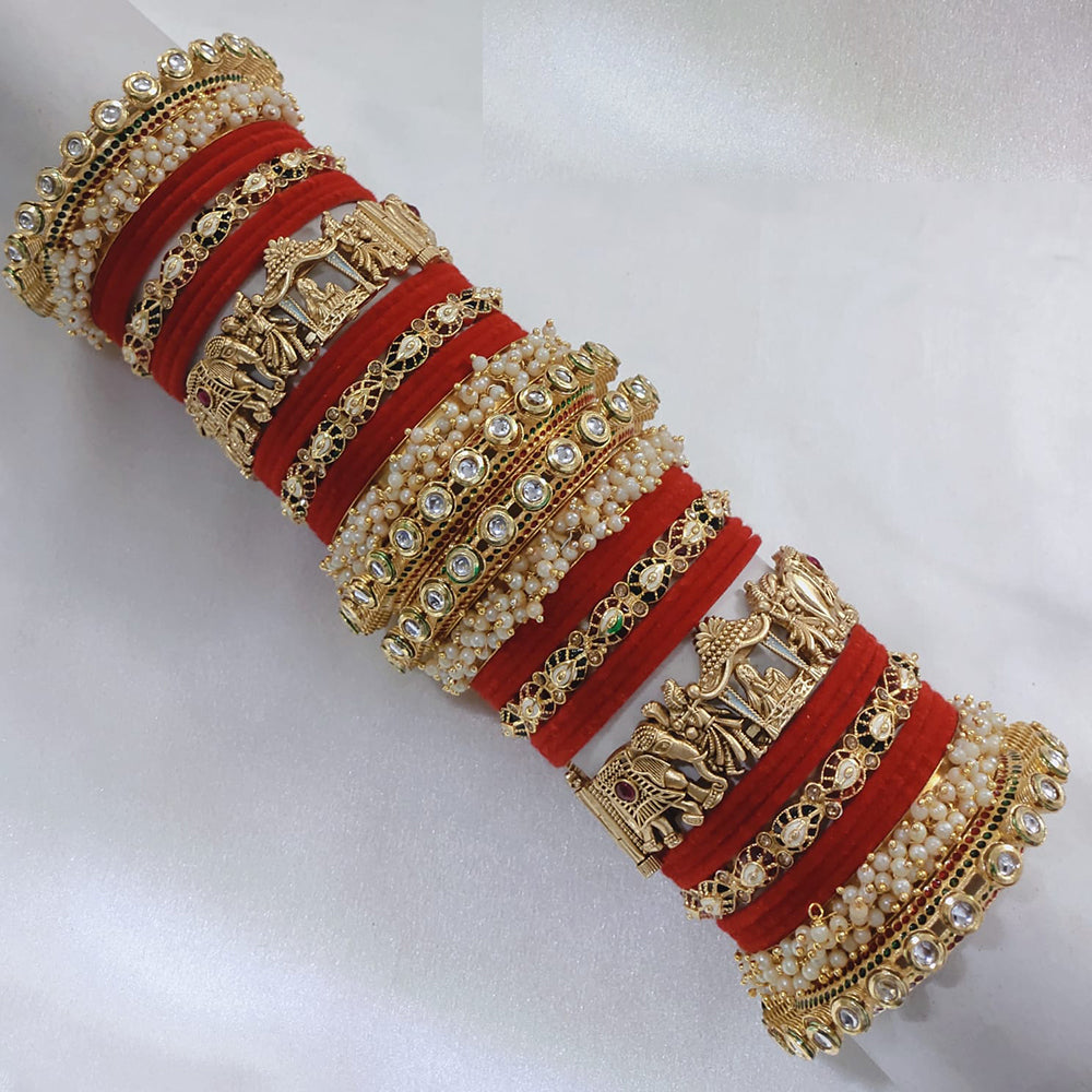 Akruti Collection Gold Plated Pota Stone And Pearl Meenakari Velvet Bangles Set