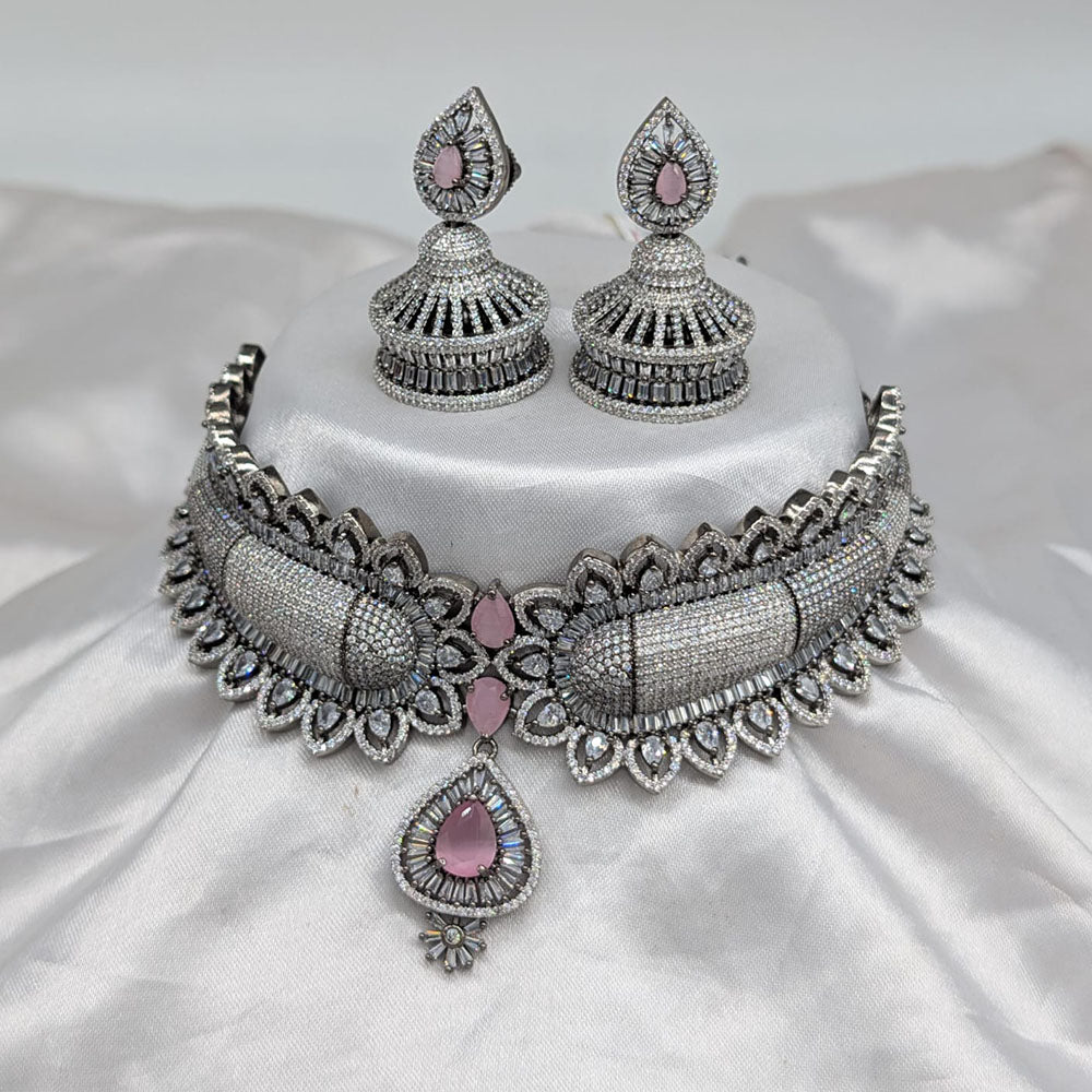 Akruti Collection Silver Plated American Diamonds Choker Necklace Set