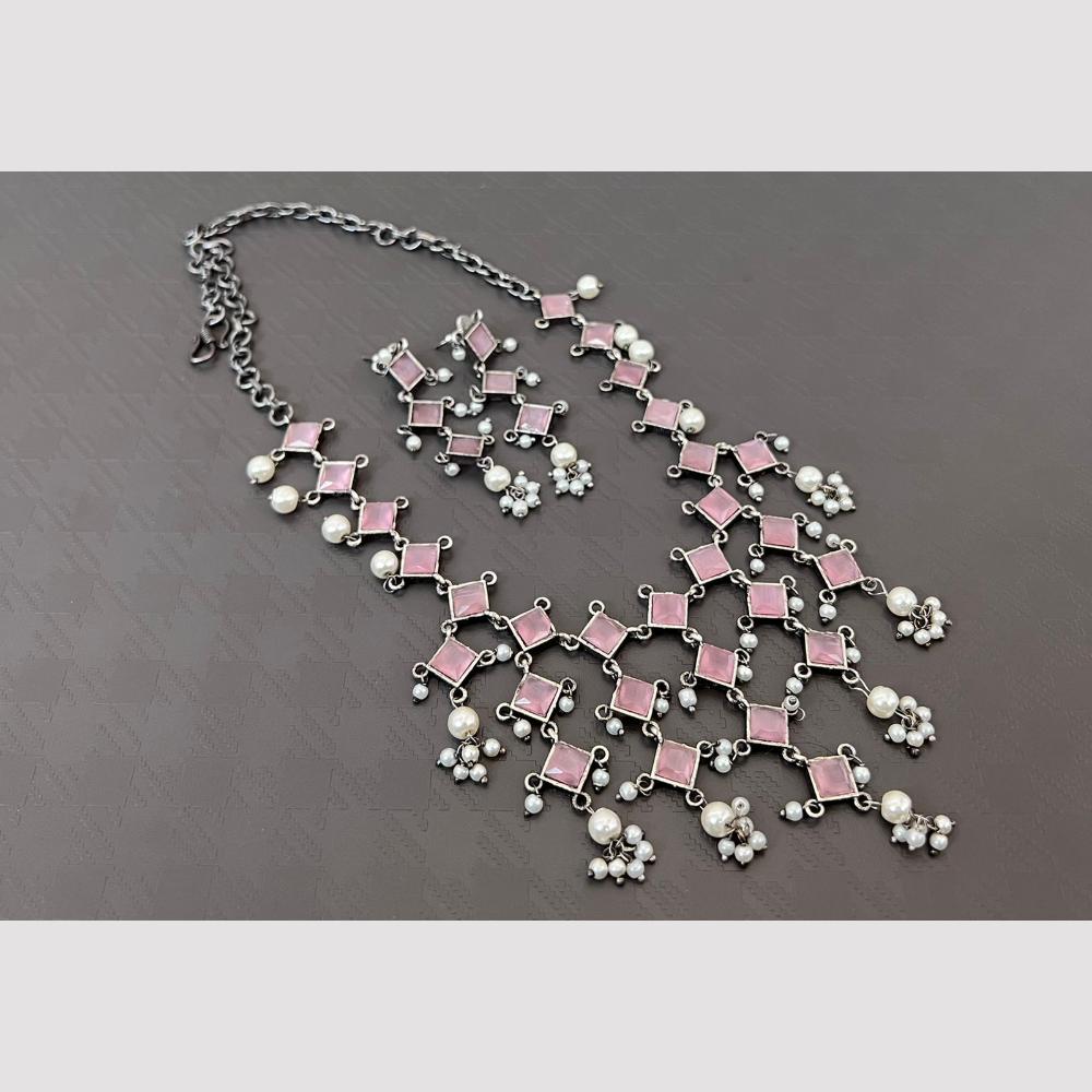 Akruti Collection Oxidised Plated Pota Stone Necklace Set