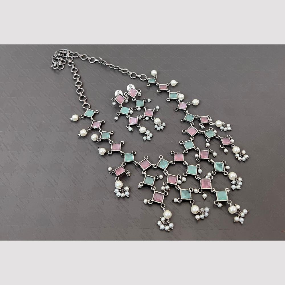 Akruti Collection Oxidised Plated Pota Stone Necklace Set