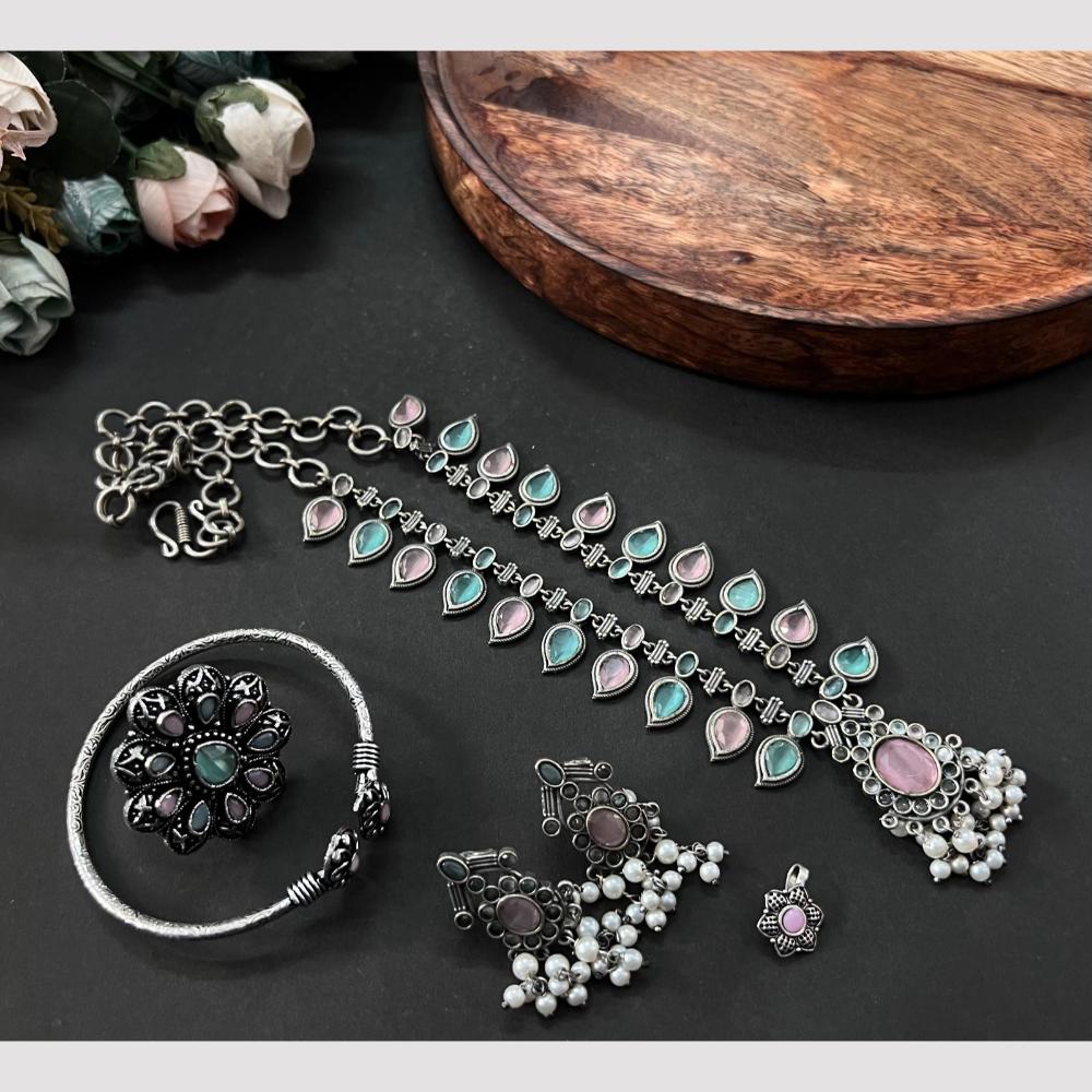 Akruti Collection Oxidised Plated Pota Stone Combo Set