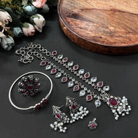 Akruti Collection Oxidised Plated Pota Stone Combo Set