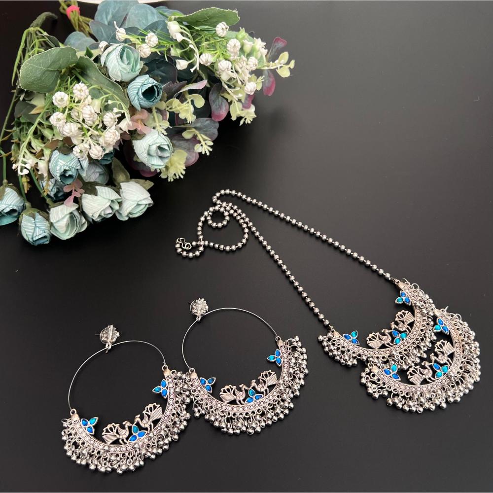 Akruti Collection Oxidised Plated Pota Stone Long Necklace Set