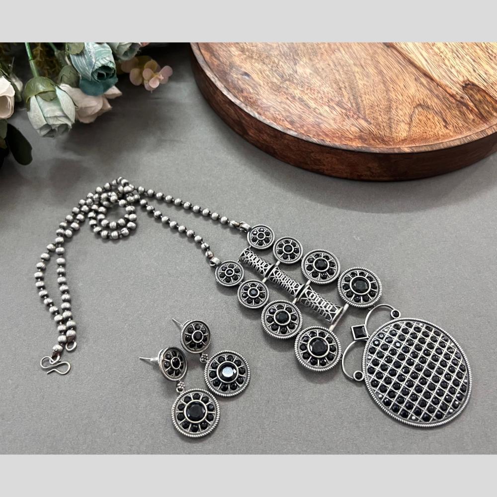 Akruti Collection Oxidised Plated Pota Stone Long Necklace Set