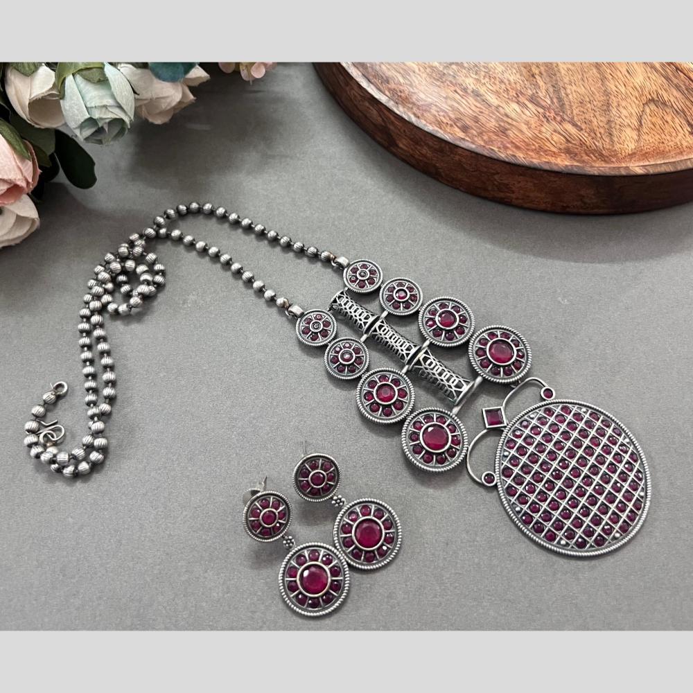 Akruti Collection Oxidised Plated Pota Stone Long Necklace Set