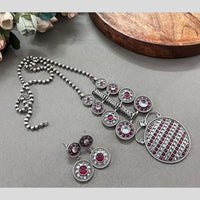 Akruti Collection Oxidised Plated Pota Stone Long Necklace Set