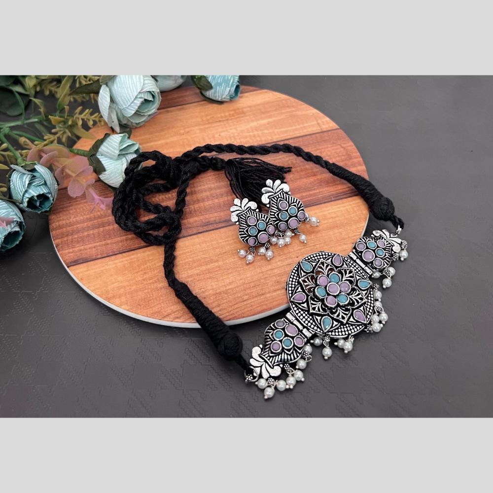 Akruti Collection Oxidised Plated Pota Stone And Pearl Choker Necklace Set
