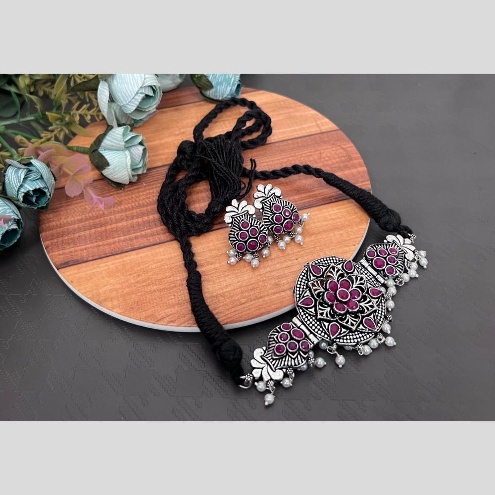 Akruti Collection Oxidised Plated Pota Stone And Pearl Choker Necklace Set