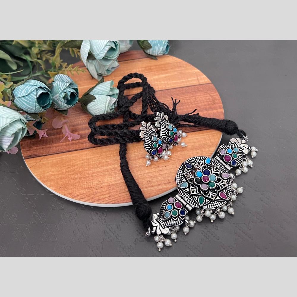 Akruti Collection Oxidised Plated Pota Stone And Pearl Choker Necklace Set