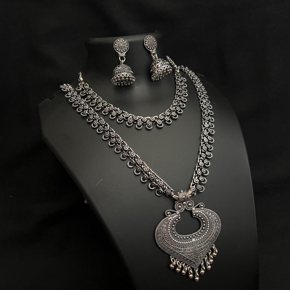 Akruti Collection Oxidised Plated Double Necklace Set