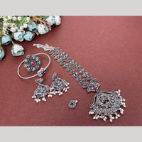 Akruti Collection Oxidised Plated Pota Stone Combo Set