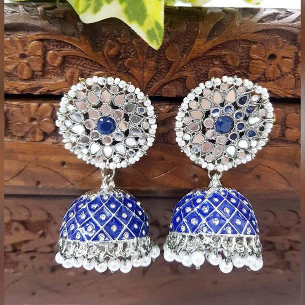 Akruti Collection Silver Plated Mirror And Pearl Meenakari Jhumki Earrings