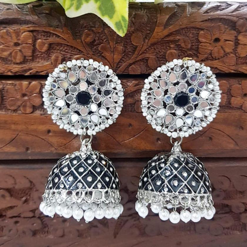 Akruti Collection Silver Plated Mirror And Pearl Meenakari Jhumki Earrings