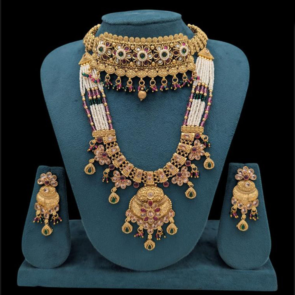 Akruti Collection Gold Plated Pota Stone And Pearls Double Necklace Set 