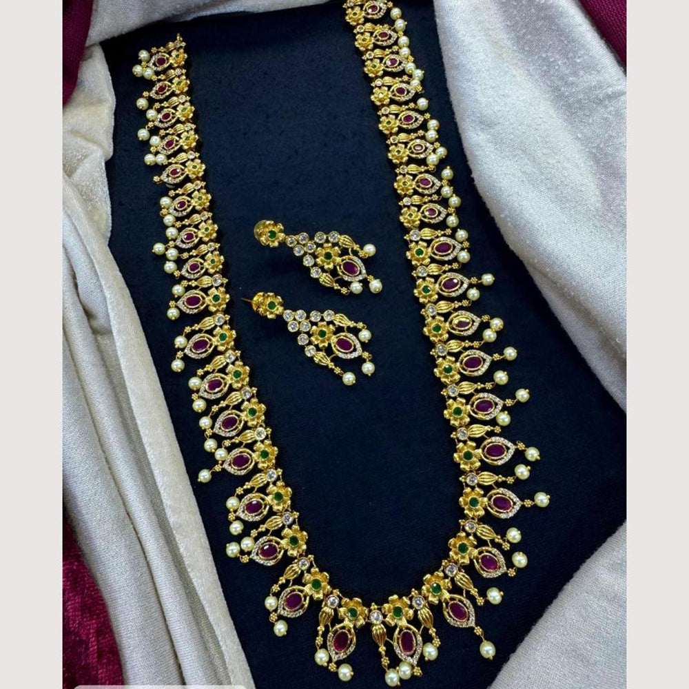 Akruti Collection Modern Heritage Austrain And Pota Stone Pearl Long Necklace Set 