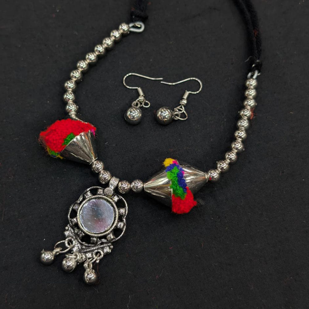 Akruti Collection Ethnic Oxidised Plated Mirror And Pom Pom Necklace Set