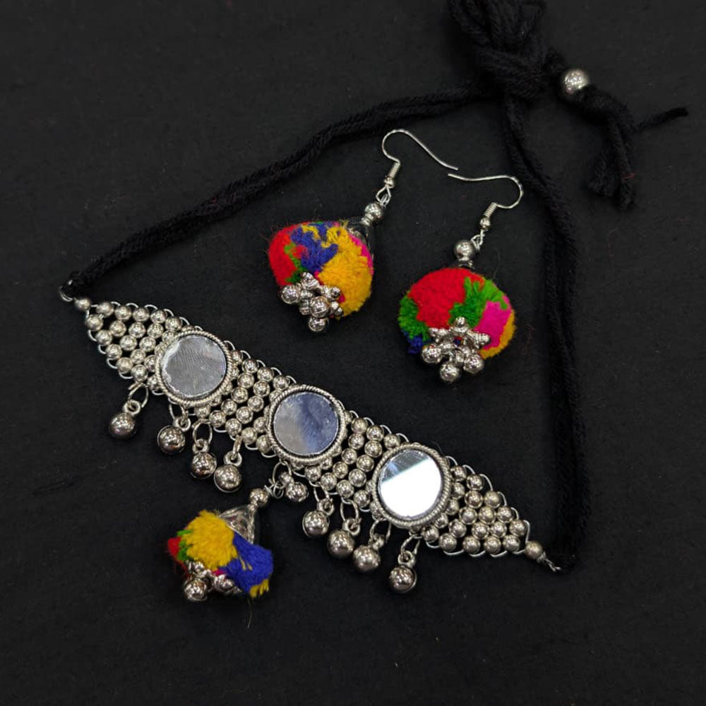 Akruti Collection Ethnic Oxidised Plated Mirror And Pom Pom Necklace Set