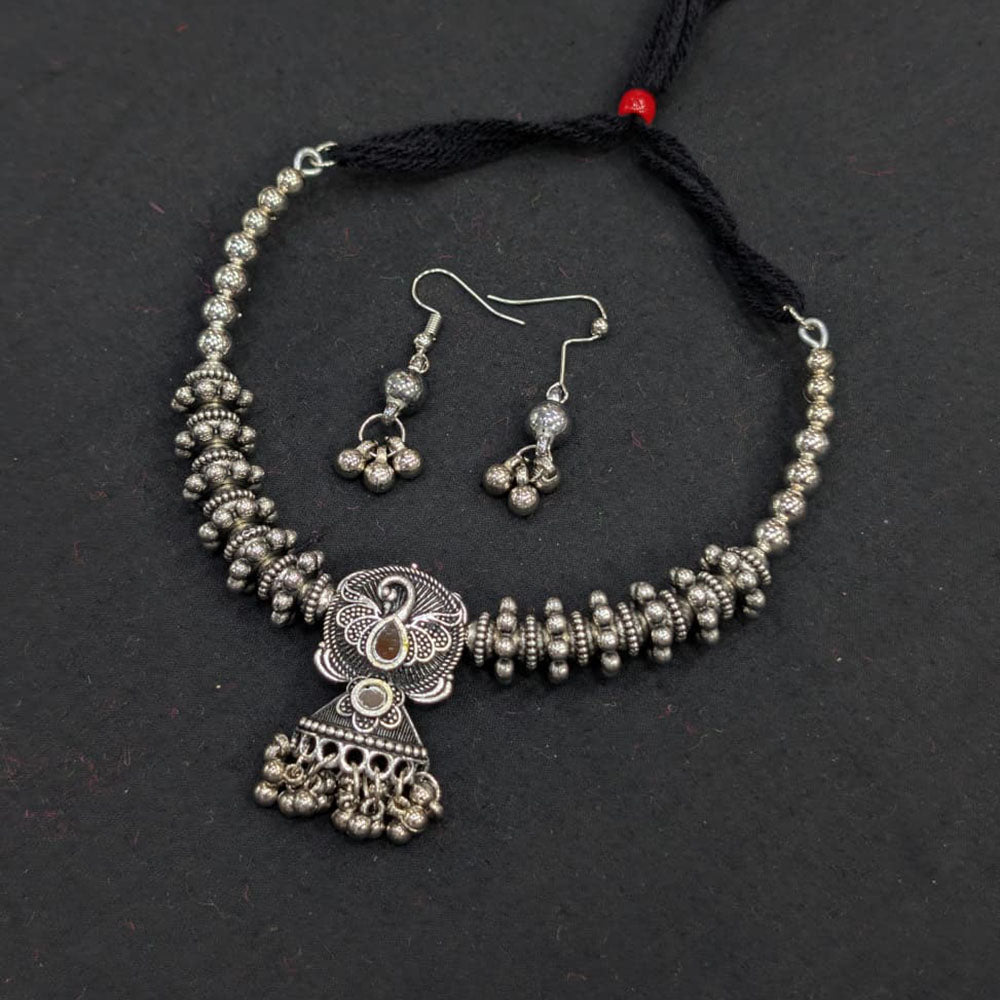 Akruti Collection Graceful Oxidised Plated Mirror Necklace Set