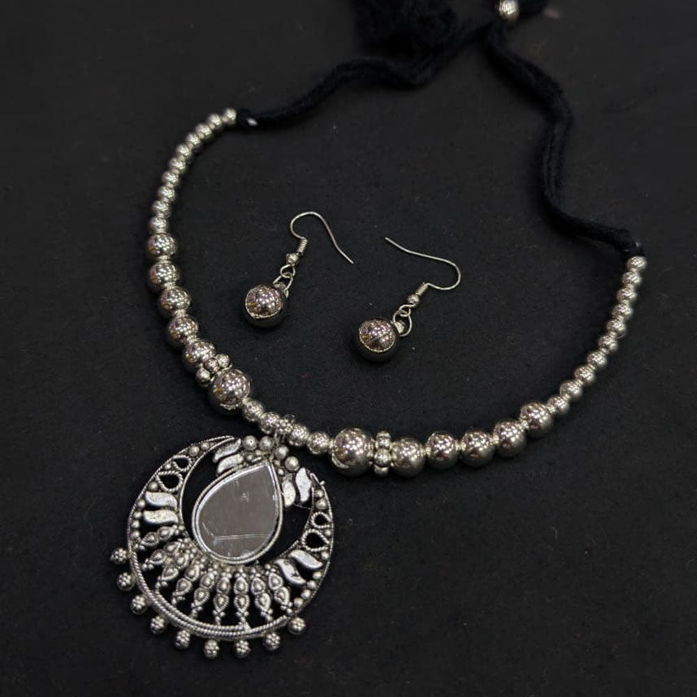 Akruti Collection Graceful Oxidised Plated Mirror Necklace Set