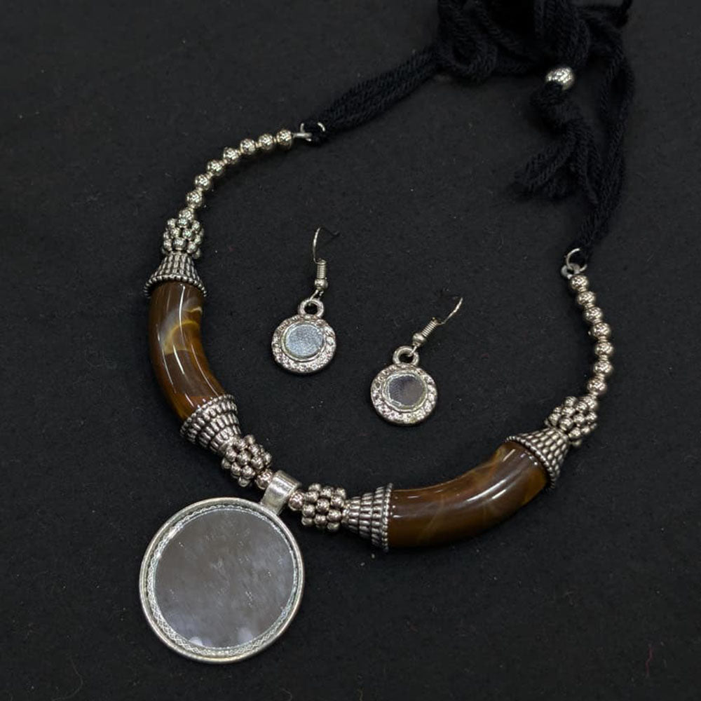 Akruti Collection Graceful Oxidised Plated Mirror Necklace Set